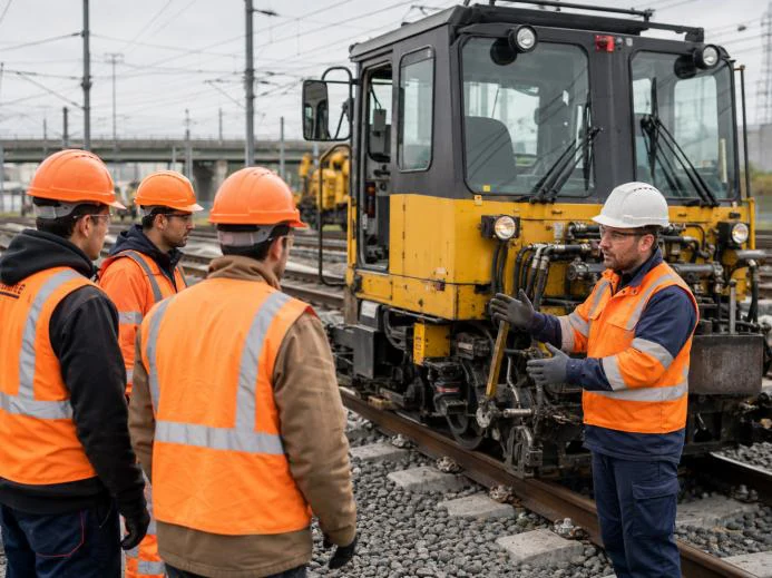Équipe formée au fonctionnement d’un engin sur un chantier ferroviaire